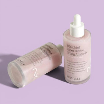 Assemble K - Play .Try .Glow VELY VELY Bakuchiol Super Biome Lifting Ampoule 100ml, a pink serum in a glass bottle with a dropper.