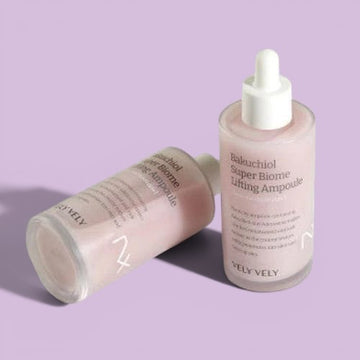 Assemble K - Play .Try .Glow VELY VELY Bakuchiol Super Biome Lifting Ampoule 100ml, a pink serum in a glass bottle with a dropper.