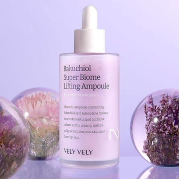 Assemble K - Play .Try .Glow VELY VELY Bakuchiol Super Biome Lifting Ampoule 100ml, a pink serum with a dropper, for firmer, radiant skin.