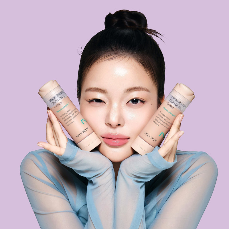 Assemble K - Play .Try .Glow VELY VELY Nano Spicule 1200 Lifting Cream 50ml in a beige pump bottle with pink floral accents.