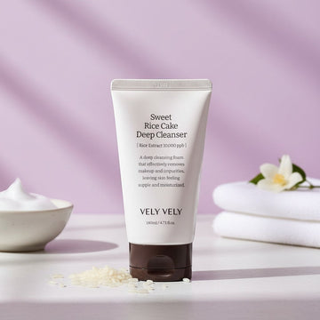 Assemble K - Play .Try .Glow VELY VELY Sweet Rice Cake Deep Cleanser 140ml tube with brown cap. Gentle foam cleanser for all skin types.
