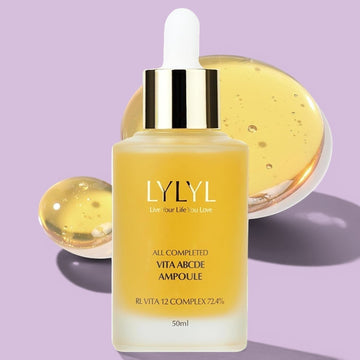 LYLYL Vita ABCDE Ampoule with VITA 9 Complex, 7 peptides, panthenol, and ceramide. Yellow serum texture.