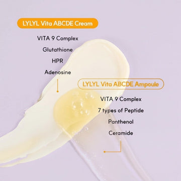 LYLYL Vita ABCDE Ampoule with VITA 9 Complex, 7 peptides, panthenol, and ceramide. Yellow serum texture.
