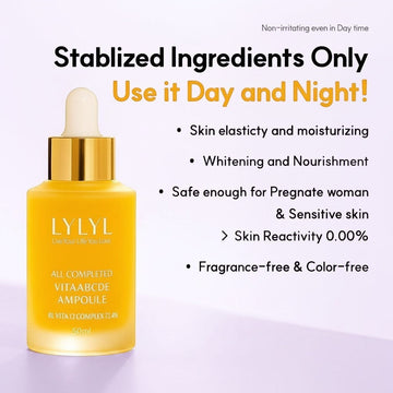Assemble K - Play .Try .Glow LYLYL Vita ABCDE Ampoule with 11 multivitamins, 7 peptides, and 72.4% Vitamin Tree Water for skin elasticity and nourishment.