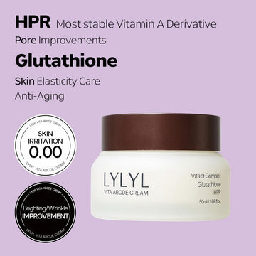 Assemble K - Play .Try .Glow LYLYL Vita ABCDE Cream jar with brown lid, featuring Glutathione and HPR for pore improvement and anti-aging.