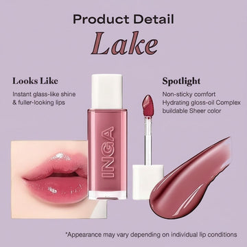 Assemble K - Play .Try .Glow INGA Water Glow Lip Tint in Lake shade, a hydrating gloss with sheer color for fuller-looking lips.