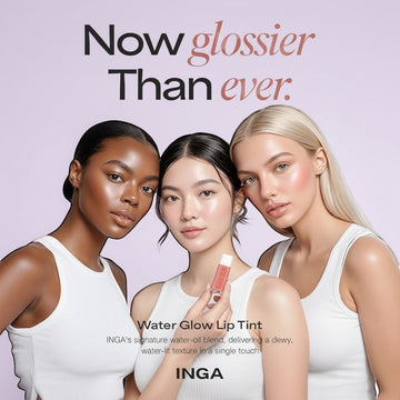 Assemble K - Play .Try .Glow INGA Water Glow Lip Tint in a sheer coral shade, held by a model with dewy skin.