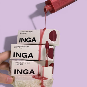 Assemble K - Play .Try .Glow INGA Water Glow Lip Tint in Rosy Rose shade, with applicator shown.