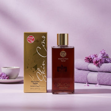 Assemble K - Play .Try .Glow Skinterior Step 2 Watery Dam Toner, a hydrating toner in a brown glass bottle with a gold cap.