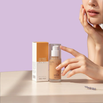 Assemble K - Play .Try .Glow VELYVELY Collagen Sun Serum 30ml SPF 50+ PA++++, a hydrating sunscreen with a serum texture.
