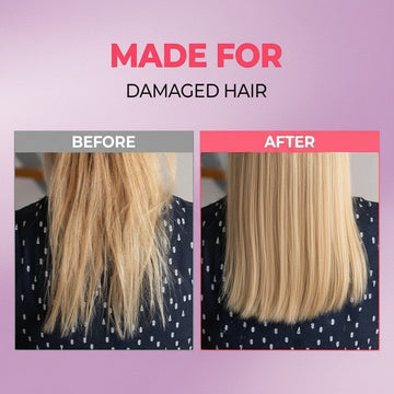 Assemble K - Play .Try .Glow hair mist serum before and after comparison showing damaged hair transformed into smooth, shiny, and moisturized hair.