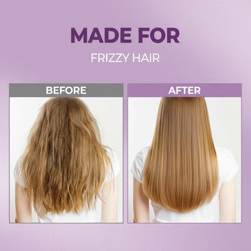 Assemble K - Play .Try .Glow hair mist serum before and after comparison for frizzy hair. Shows smoother, moisturized hair after use.
