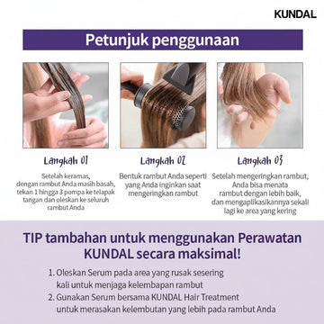 KUNDAL Acacia Moringa hair serum application steps: applying to wet hair, blow-drying, and finishing on dry hair.