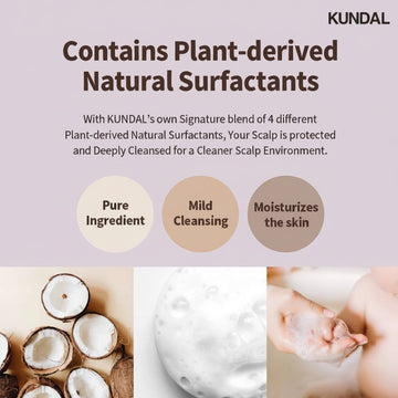 KUNDAL Baby Powder Honey & Macadamia Shampoo 500ml with plant-derived natural surfactants for mild cleansing and moisturizing.