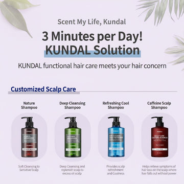 KUNDAL Scalp Care and Caffeine Shampoo 500ml Cherry Blossom, a dark red bottle with a pump dispenser. Formulated to reduce hair loss and thinning.