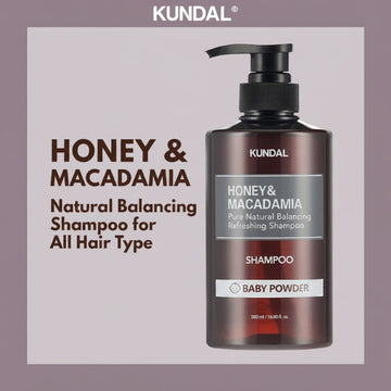 KUNDAL Honey & Macadamia Baby Powder Shampoo 500ml, natural balancing formula for all hair types.