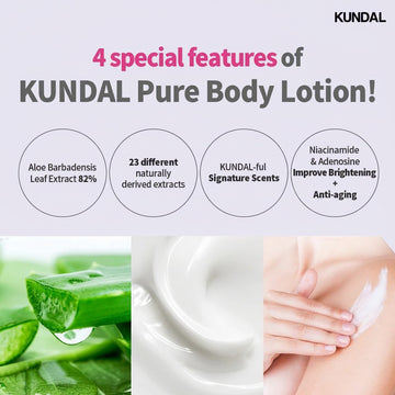 KUNDAL Honey & Macadamia Pure Body Lotion, 500ml, featuring aloe vera, creamy texture, and application on skin.