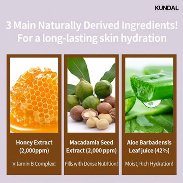 KUNDAL Honey & Macadamia Pure Body Wash features honey extract, macadamia seed extract, and aloe vera leaf juice for skin hydration.