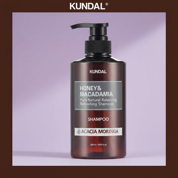 KUNDAL Honey & Macadamia Natural Balancing Shampoo for All Hair Type, Acacia Moringa scent, 500ml bottle.