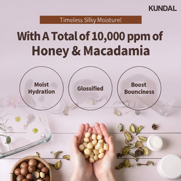 KUNDAL Honey & Macadamia Shampoo Acacia Moringa 500ml, featuring moist hydration, glossified, and boost bounciness benefits.