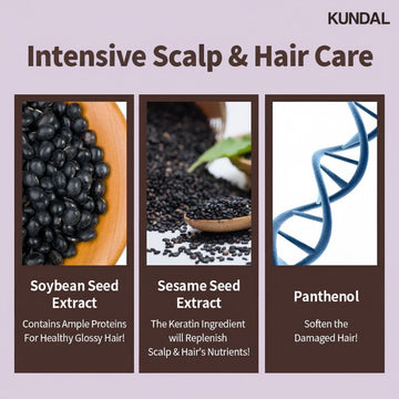 KUNDAL Honey & Macadamia Shampoo Acacia Moringa 500ml, featuring Soybean Seed Extract, Sesame Seed Extract, and Panthenol for intensive scalp and hair care.