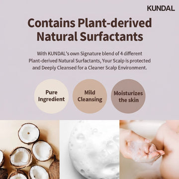 KUNDAL Honey & Macadamia Shampoo with plant-derived natural surfactants, pure ingredient, mild cleansing, and moisturizing properties.