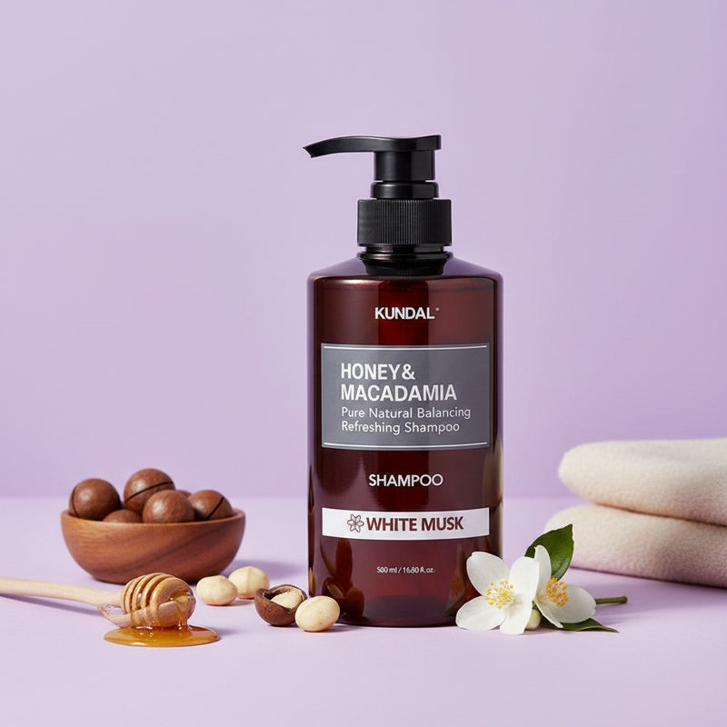 KUNDAL Honey & Macadamia Natural Balancing Shampoo for All Hair Type, White Musk scent, 500ml bottle.