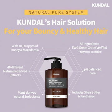 KUNDAL Honey & Macadamia Pure Natural Balancing Refreshing Shampoo in White Musk scent, 500ml bottle with pump.