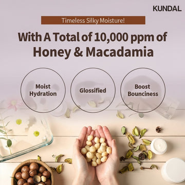 KUNDAL Honey & Macadamia Shampoo Ylang Ylang 500ml, featuring moist hydration, glossified, and boost bounciness benefits.