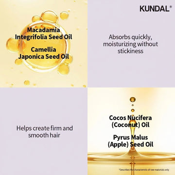 Kundal Refreshing Watery Serum with Macadamia, Camellia, Coconut, and Apple Seed Oils for smooth, moisturized hair without stickiness.