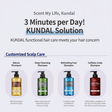 KUNDAL Scalp Care and Caffeine Shampoo in Baby Powder scent, 500ml bottle. Helps relieve hair loss symptoms.
