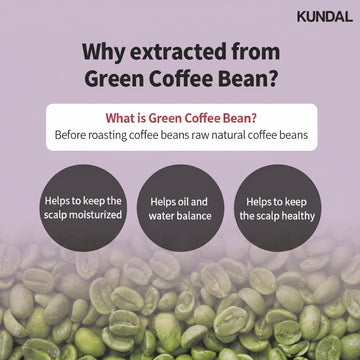 KUNDAL Scalp Care and Caffeine Shampoo 500ml Cherry Blossom, featuring green coffee beans and text about scalp benefits.