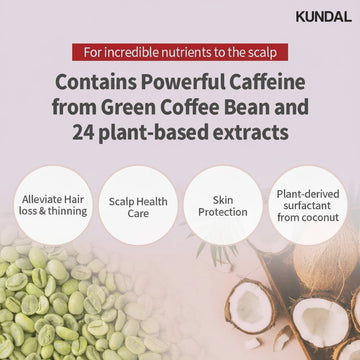 KUNDAL Scalp Care and Caffeine Shampoo 500ml Cherry Blossom, with green coffee beans and coconut extracts for hair loss and scalp health.