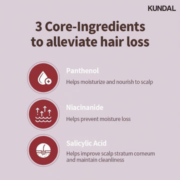 KUNDAL Scalp Care and Caffeine Shampoo 500ml Cherry Blossom - 3 core ingredients: Panthenol, Niacinamide, Salicylic Acid.