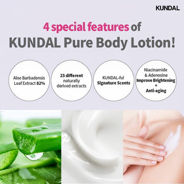 KUNDAL White Musk Pure Body Lotion with aloe vera, natural extracts, and niacinamide for brightening and anti-aging. 500ml.