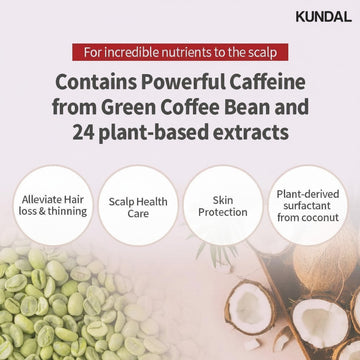 KUNDAL White Musk Scalp Care and Caffeine Shampoo with green coffee beans and coconut extracts for hair loss and thinning.