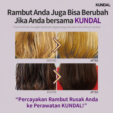KUNDAL Ultra Hair Serum in White Musk scent, showing before and after results on blonde and dark hair. 100ml.