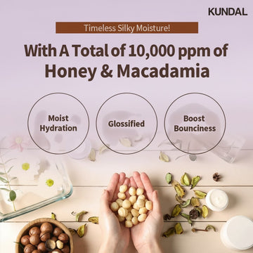 KUNDAL White Musk Honey & Macadamia Shampoo 500ml with Moist Hydration, Glossified, and Boost Bounciness benefits.